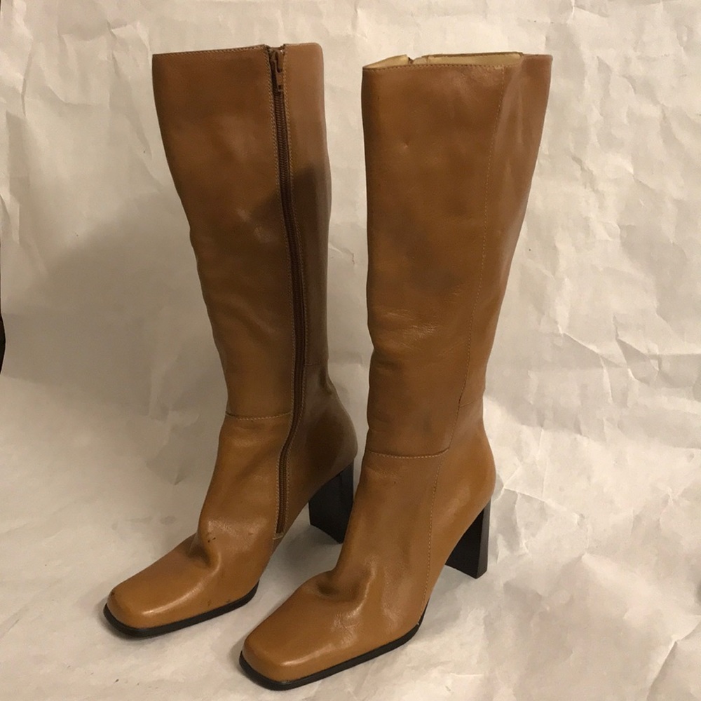 New Bass high leather boots, camel color 7 1/2 16” high